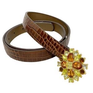 Liz Claiborne Y2K belt brown moc croc with colorful rhinestone buckle size L